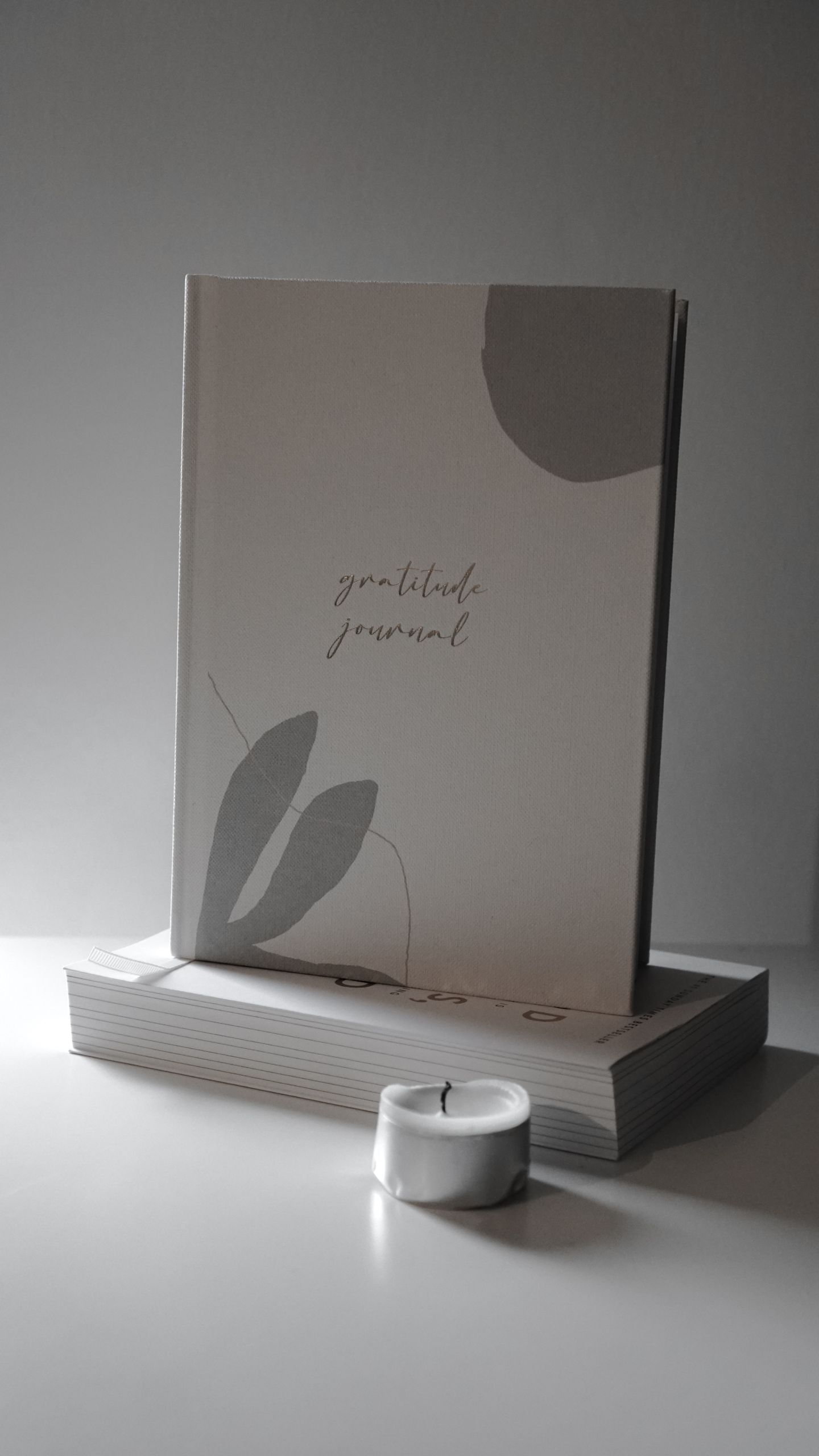 A daily gratitude journal ideas displayed on a grey background with soft lighting.
