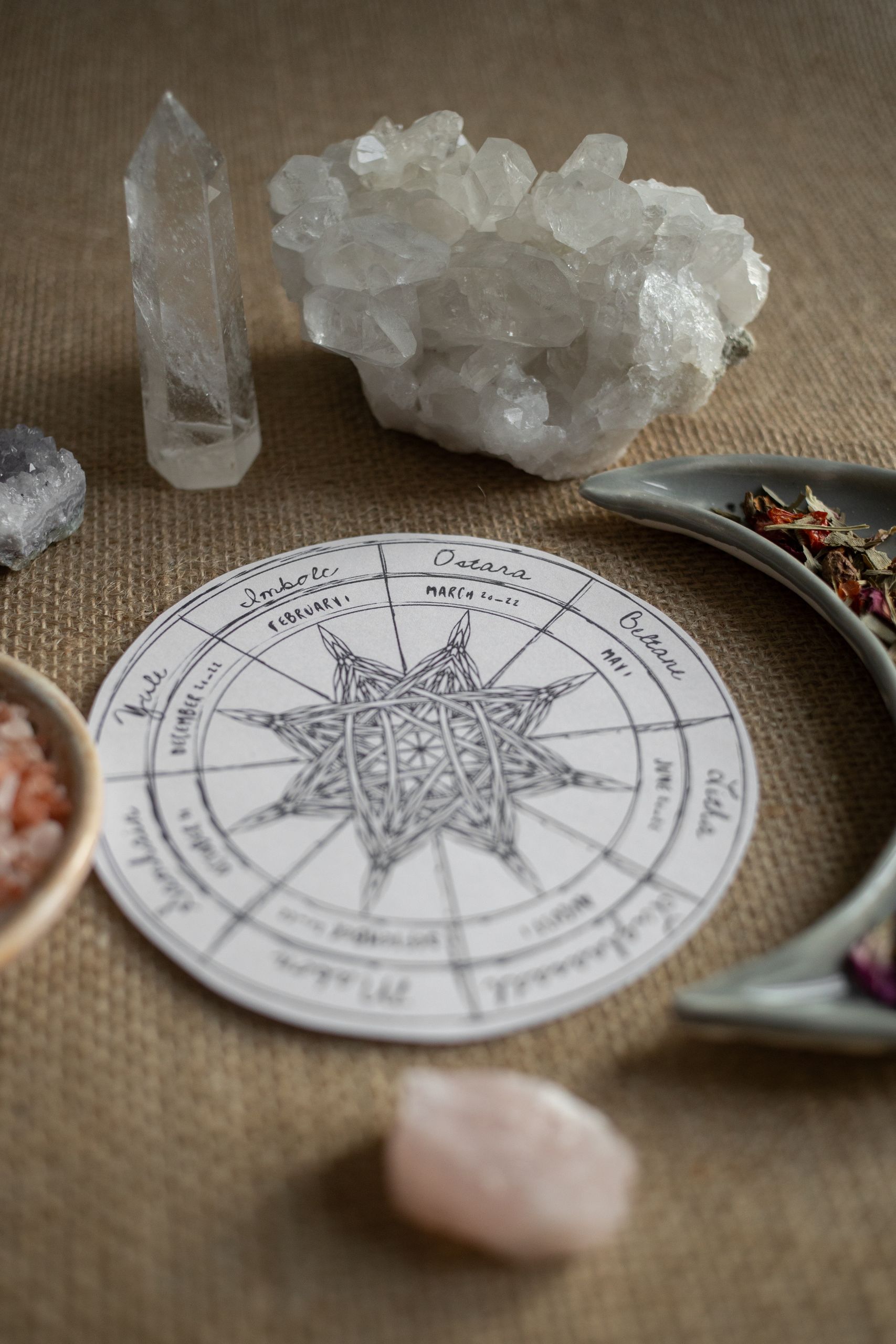 A mystical crystal grid setup featuring a modern pagan Wheel of the Year on a burlap surface.