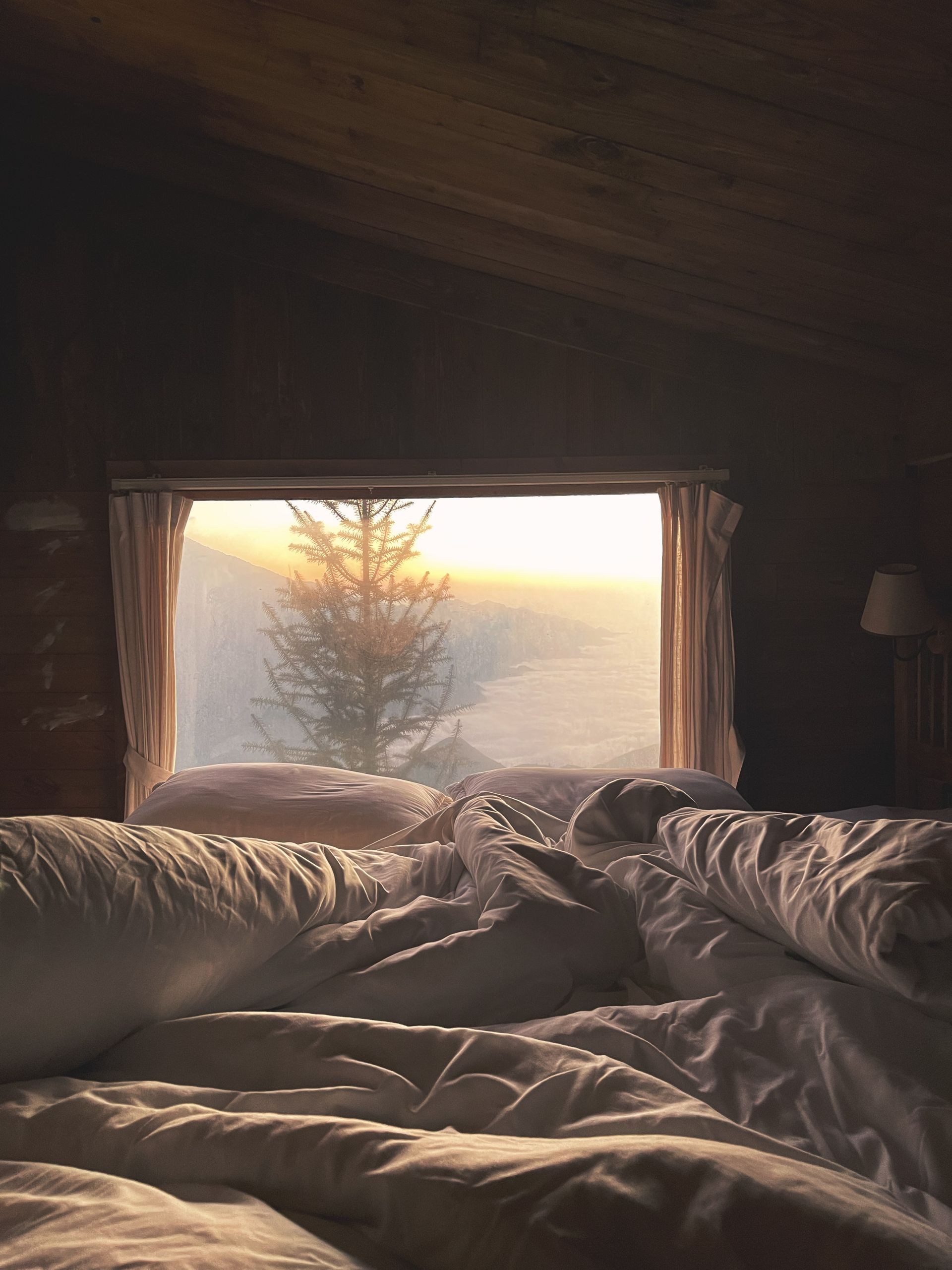 A serene bedroom with a view of sunrise through a large window in a rustic cabin.