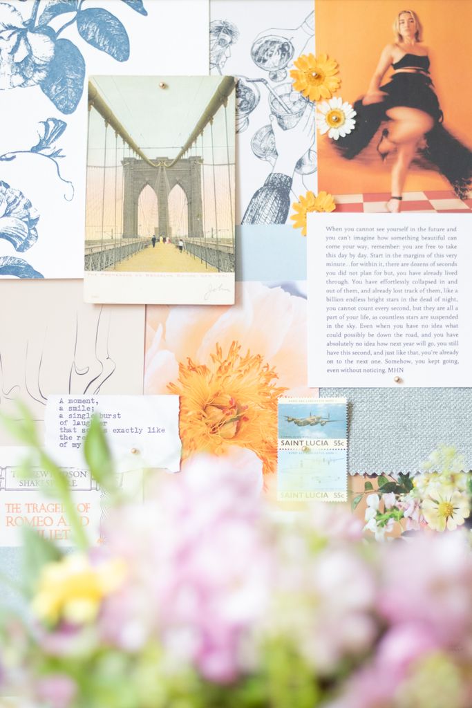 Aesthetic collage of floral and vintage art with a bridge photograph creating an artistic mood board.