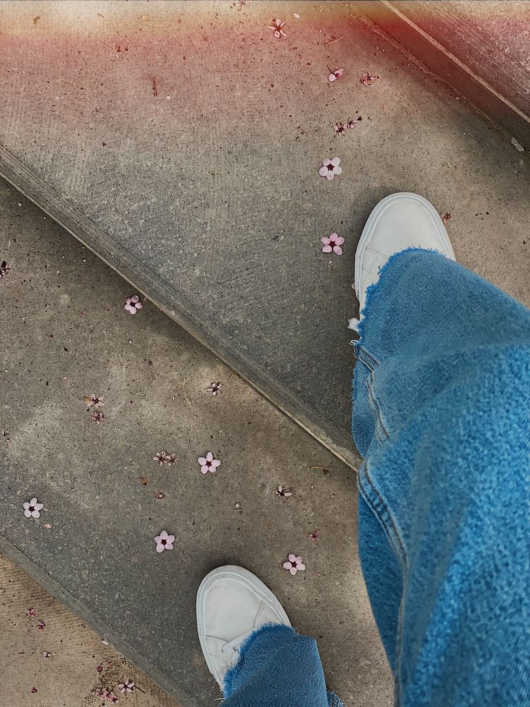 Close-up of sneakers on steps adorned with small pink flowers, creating a casual, serene scene.