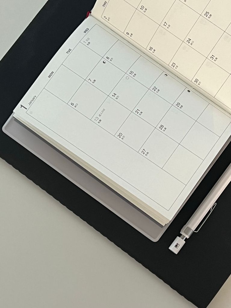 Minimalist open planner on desk with pen, perfect for scheduling.