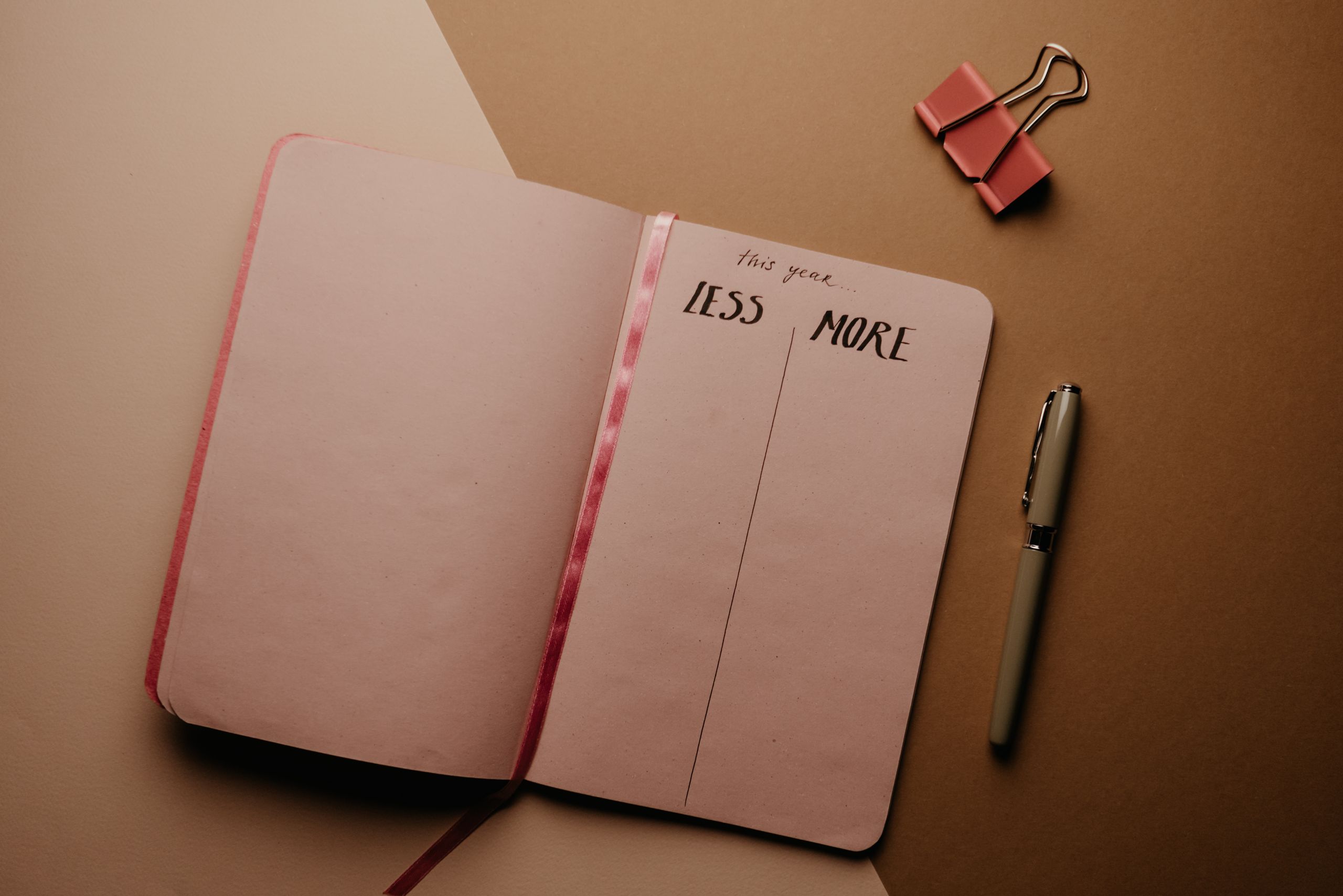 Open notebook for setting New Year resolutions with a pen on a brown background.