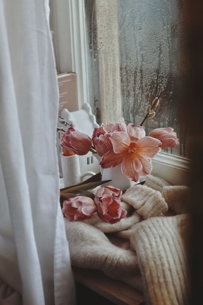 Pink flowers in a vase on a rainy windowsill with warm woolen textures.