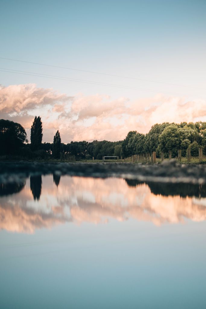 Tranquil landscape of a lake with trees and sky reflecting in Nelson, New Zealand.