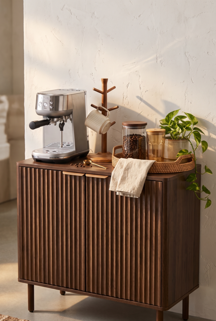 A cozy home coffee station on a fluted walnut cabinet: a stainless espresso machine, a wooden mug tree holding a cream fluted stoneware mug, a glass canister with an acacia-wood lid, and an amber glass tumbler, styled with a trailing plant in soft morning light.