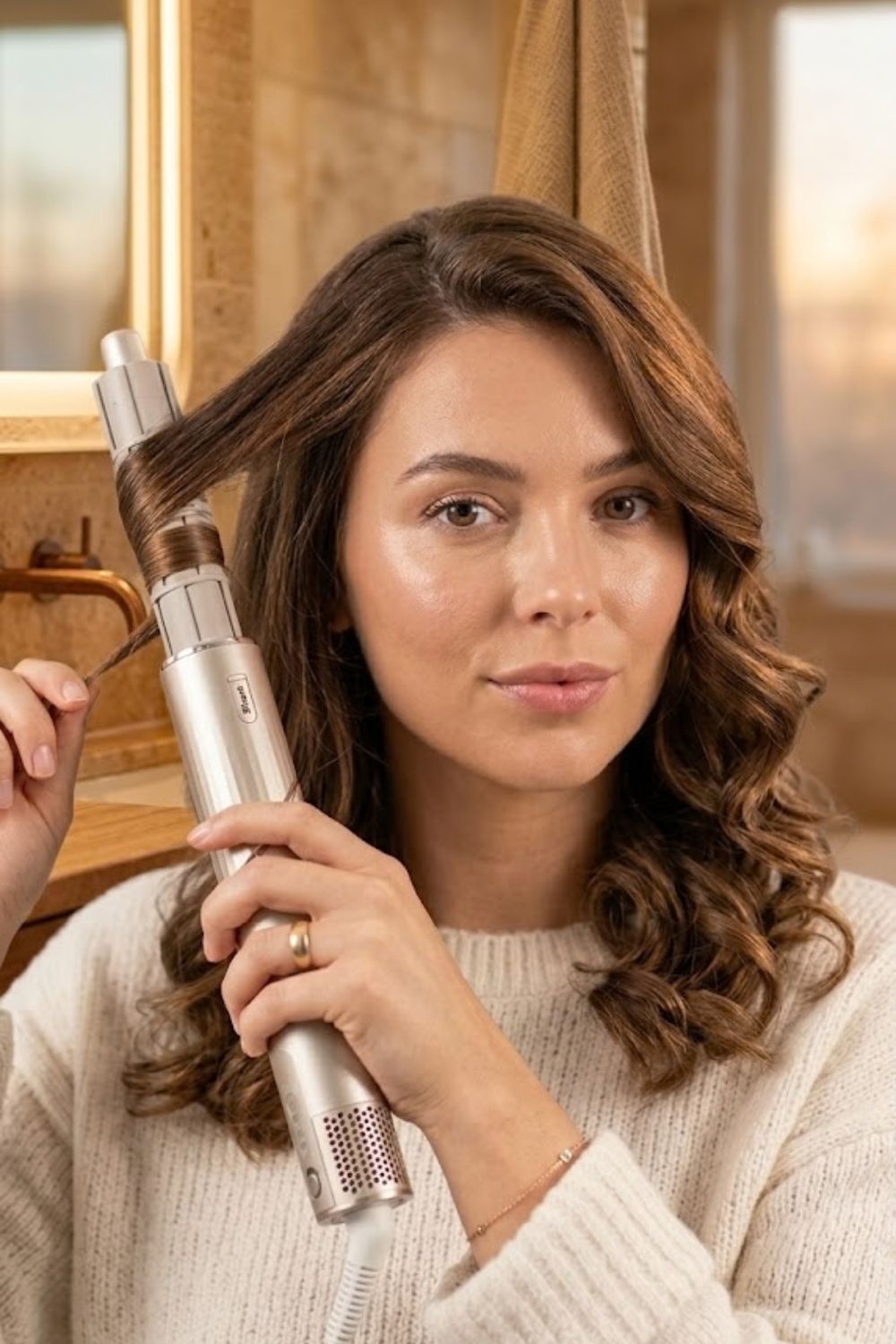 woman curling her hair showing one item in the holiday gift guide for her